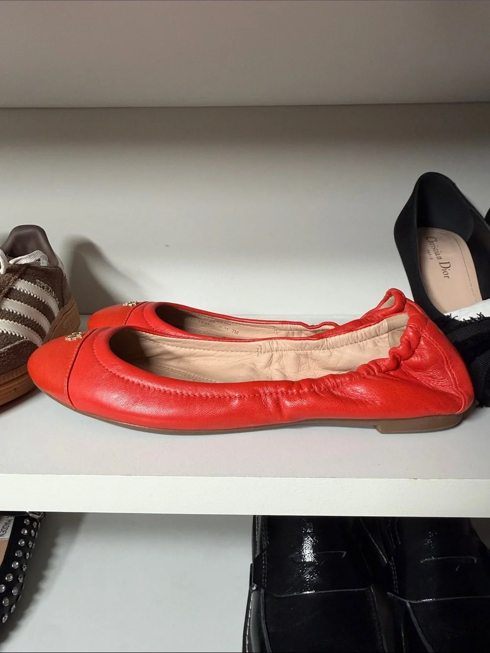 Tory Burch orange Leather Elastic-Back Ballet Flats with Gold Logo